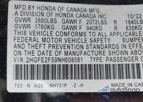 2022 Honda Civic Sport from USA, damaged, VIN 2HGFE2F59NH608081